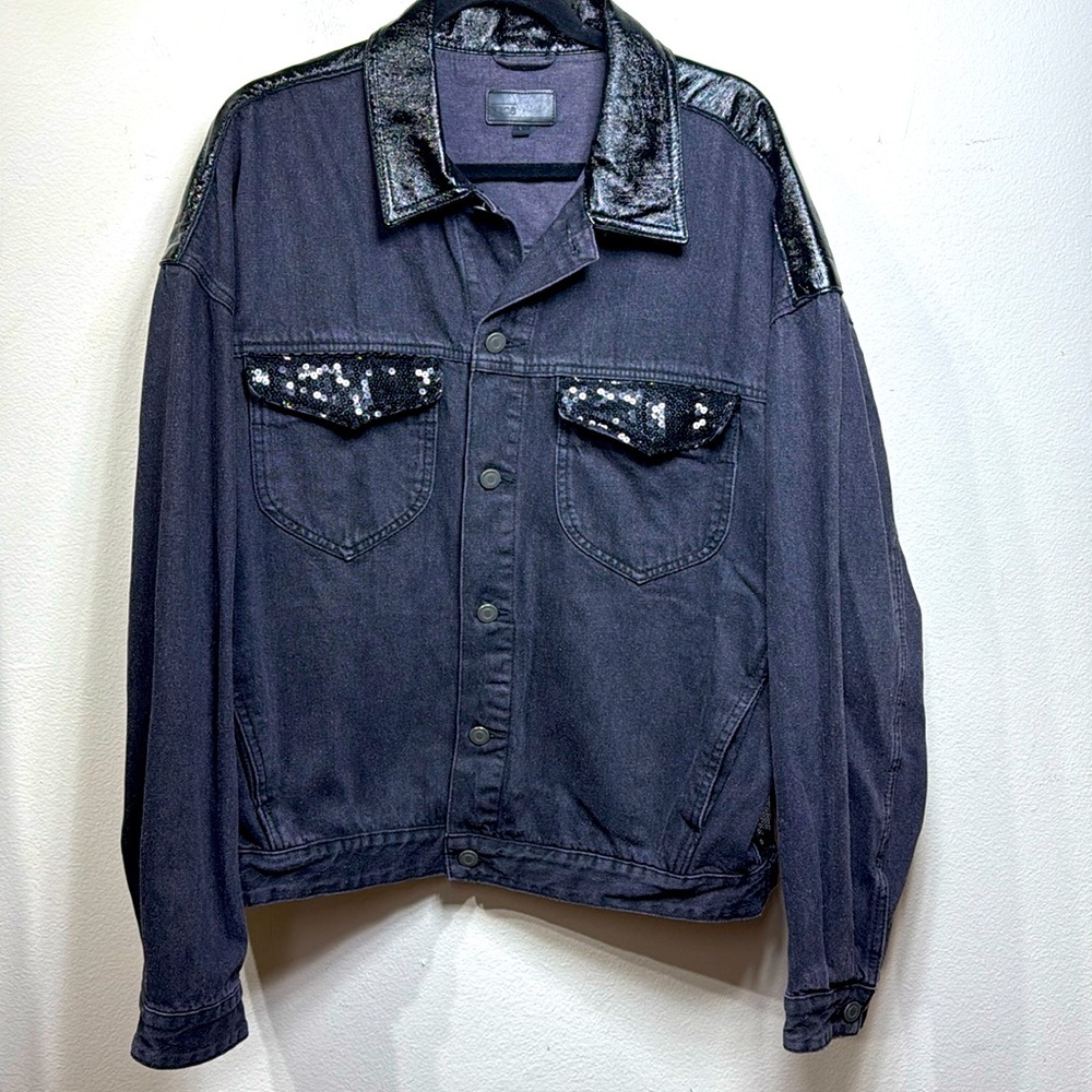(P1) ASOS DESIGN oversized sequin and leather denim jacket in washed black,Sz L